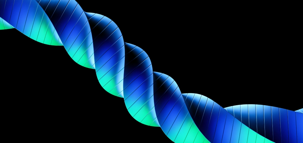 Close-up of a glowing blue and green DNA double helix against black.