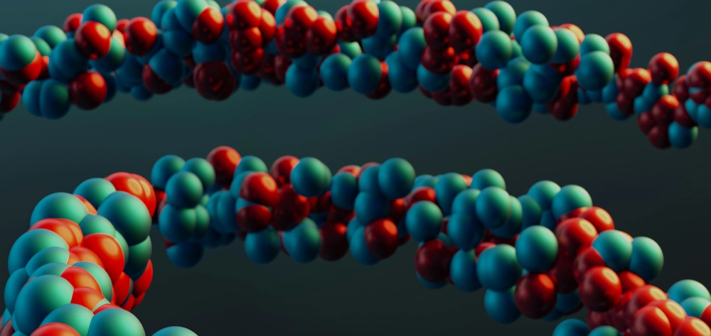 Close-up of a colorful molecular structure model with red and blue atoms.