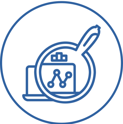 Magnifying glass analyzing data on laptop icon.