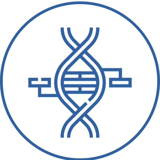 Blue DNA icon on black circular background.