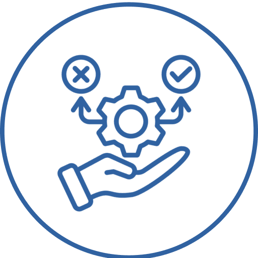 Hand balancing decisions and cogwheel icon.