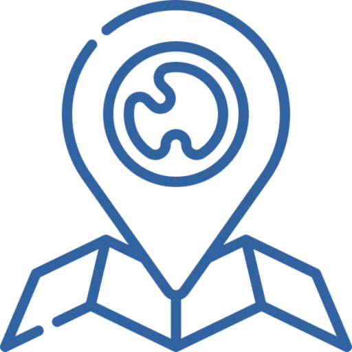 Map pin icon with abstract symbol.