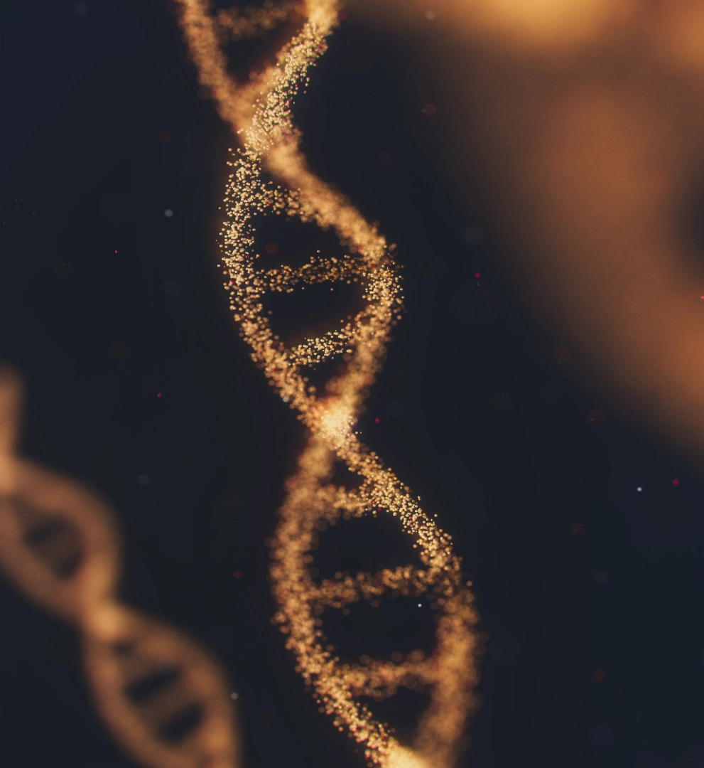 Close-up of a glowing DNA double helix structure.