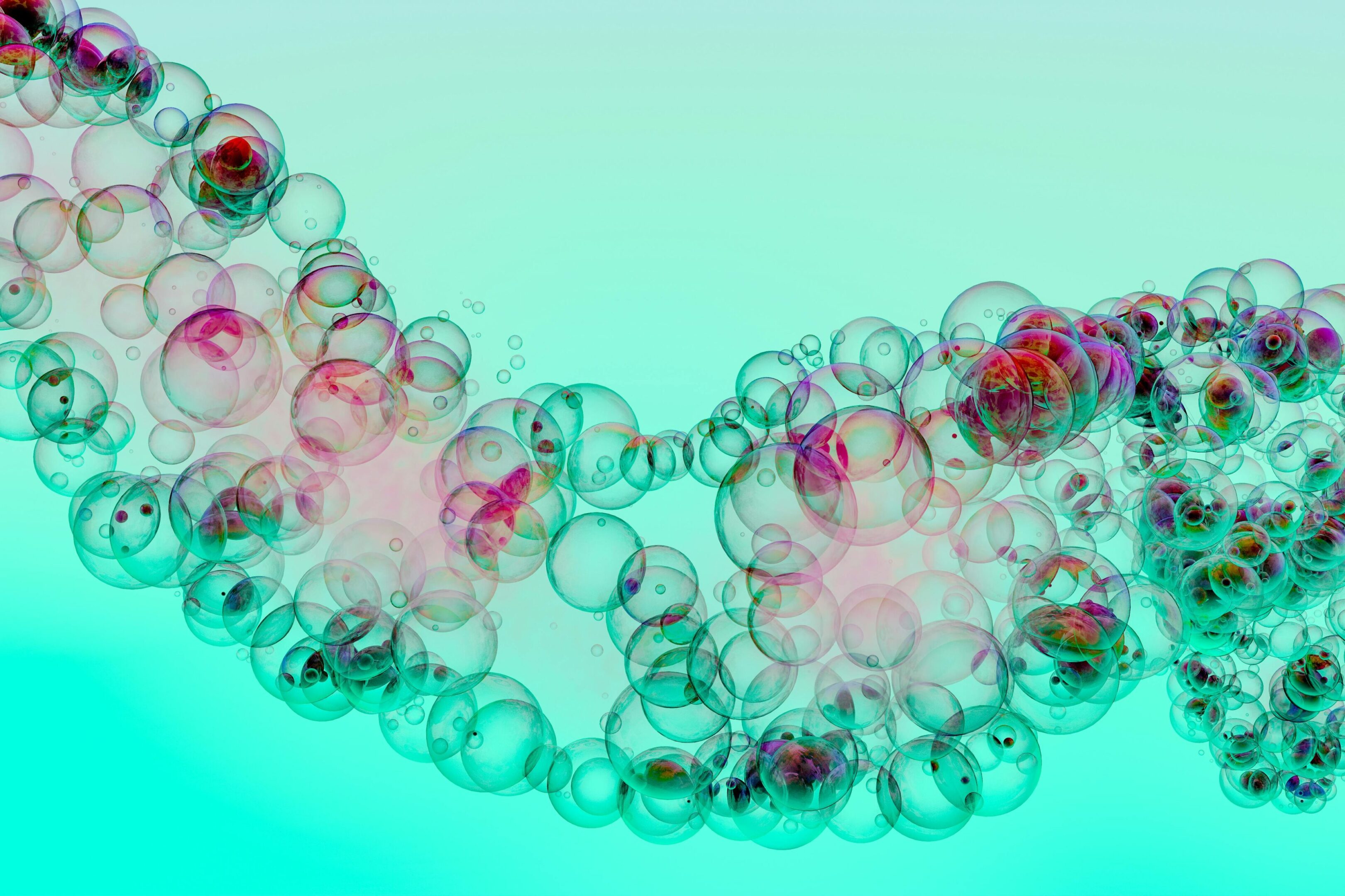 Colorful transparent bubbles forming a DNA-like double helix structure.