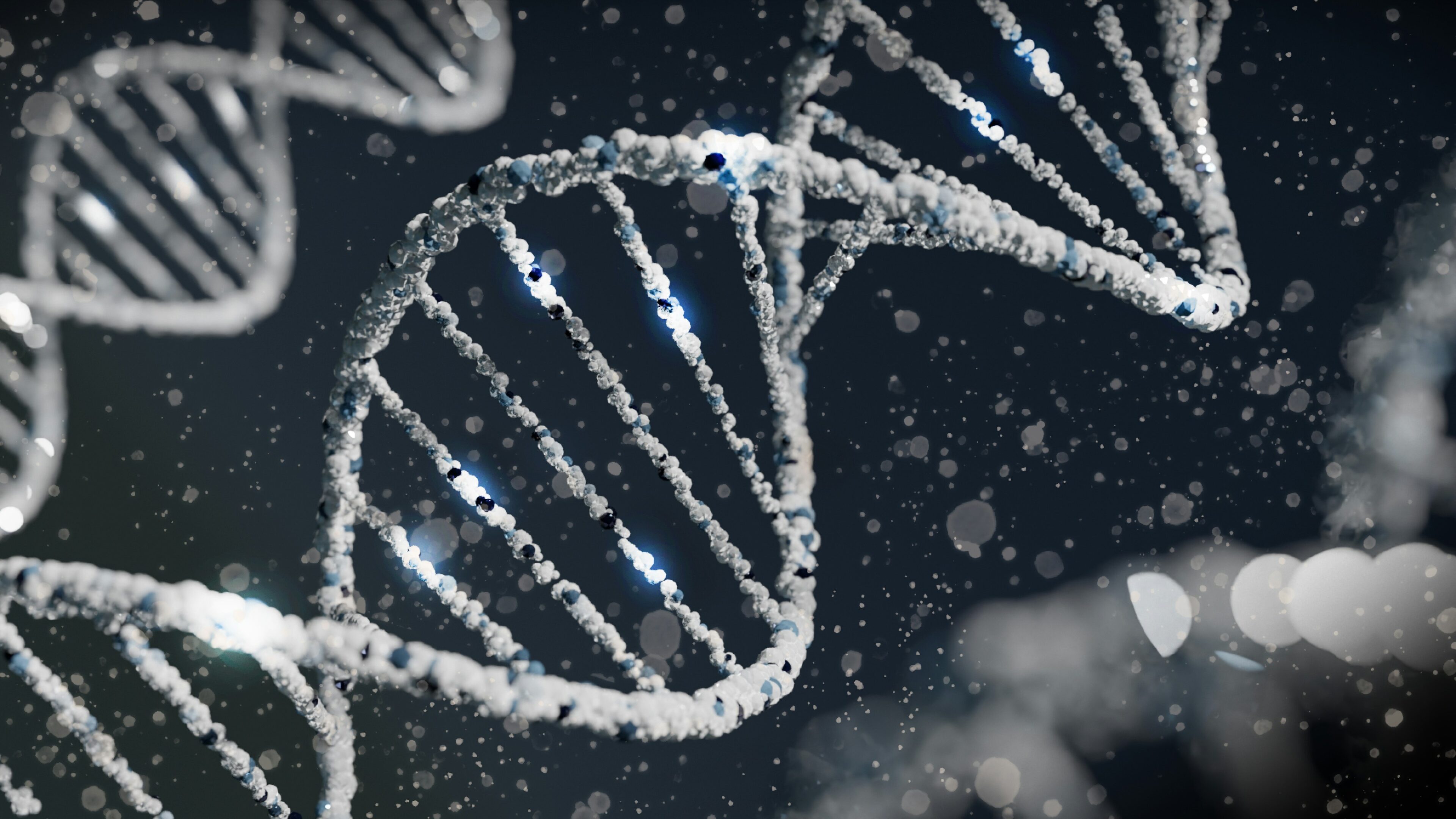 Close-up of a DNA double helix structure with molecular details.